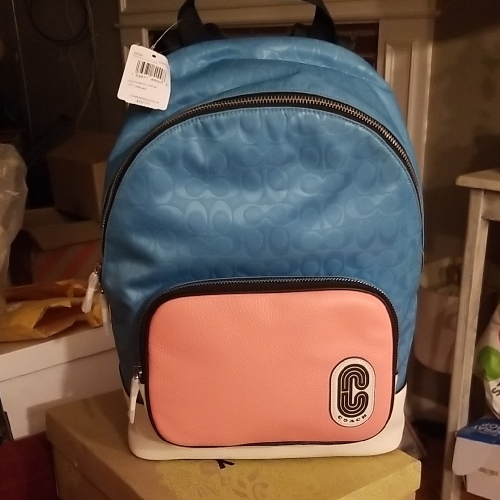 Brand New!!Coach Vibrant Blue and Coral Colorblock Backpack. Nice!